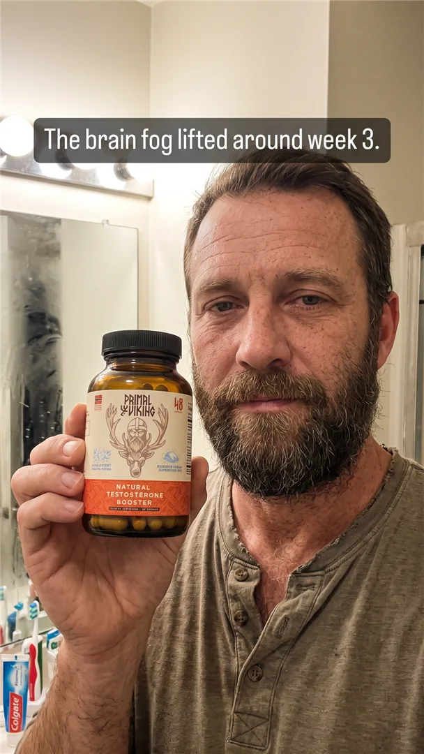Man holding supplement bottle with testimonial overlay