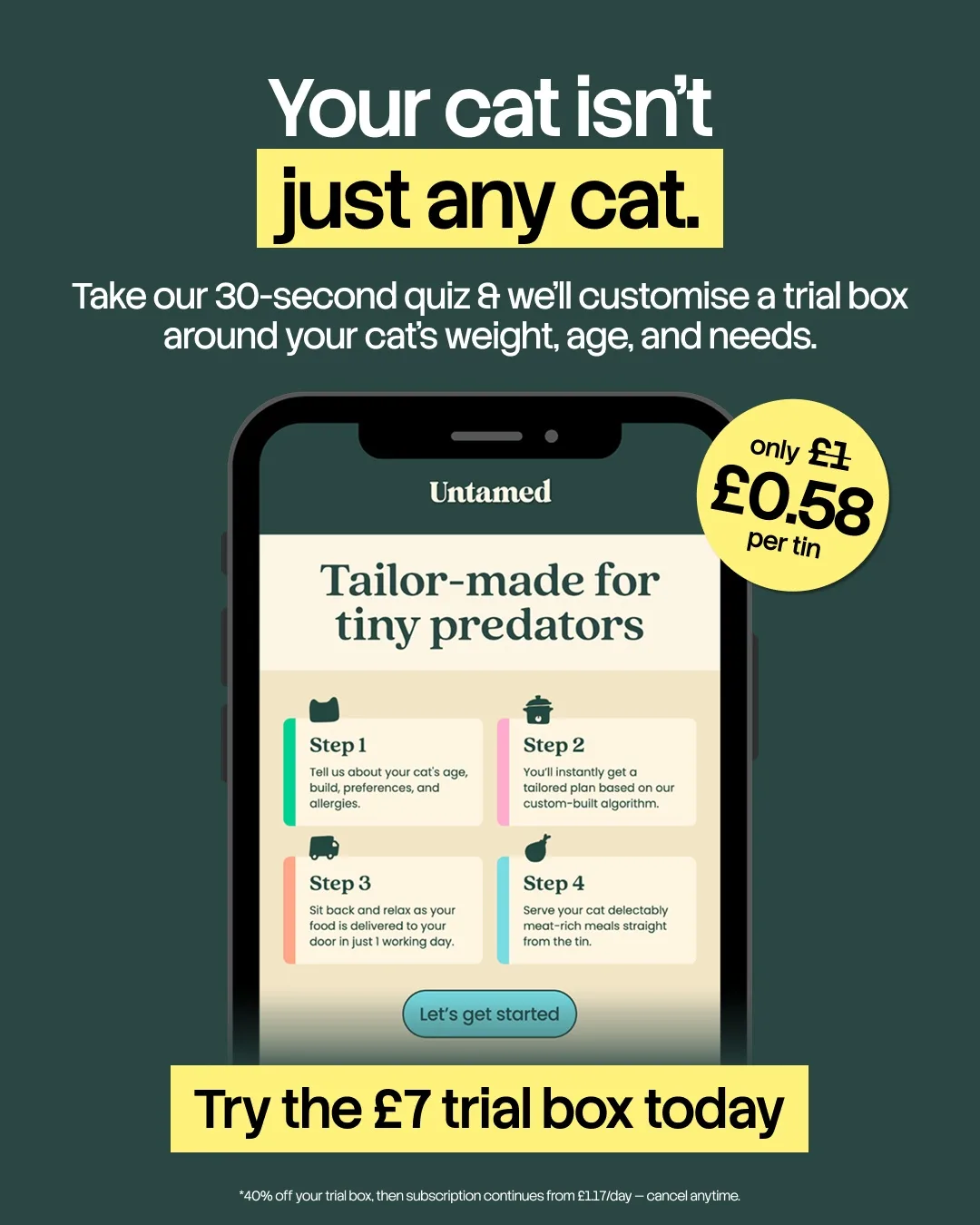 Cat Food Subscription Ad with App UI and Offer Badge