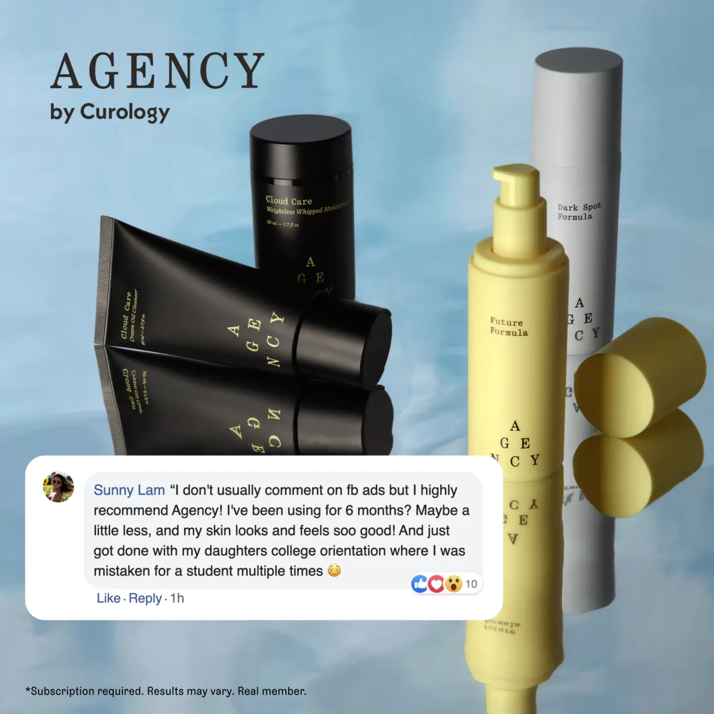 Skincare Product Ad with Testimonial Overlay