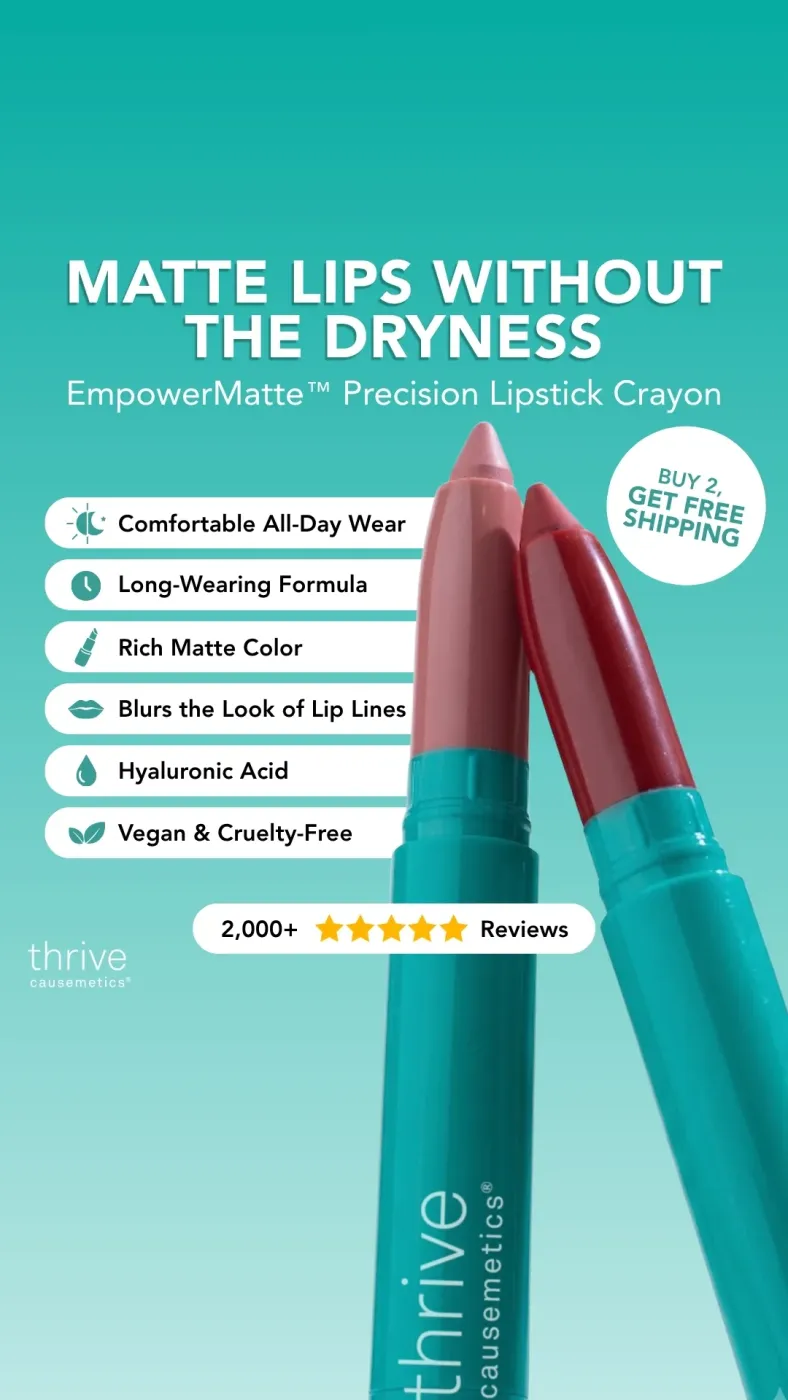 Matte Lipstick Crayon Ad with Feature List and Social Proof