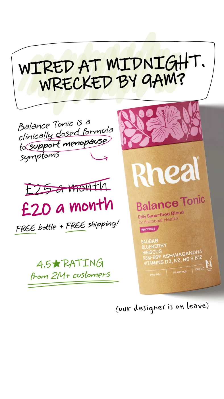 Hand-drawn style menopause supplement ad with price offer