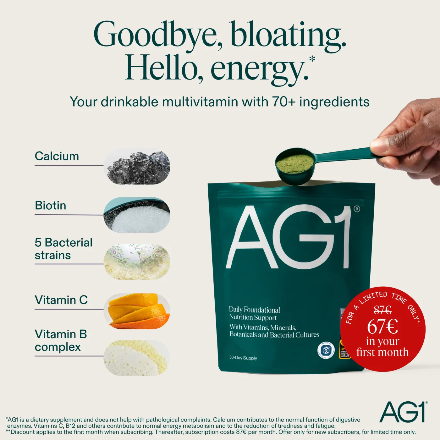 AG1 Energy & Bloating Supplement Ad