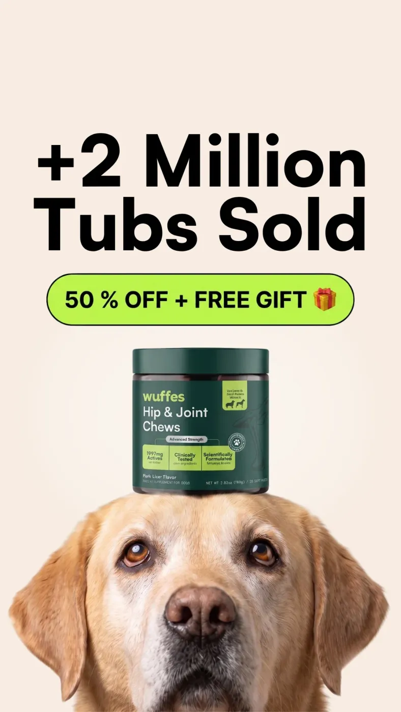 Centered Dog Head with Product Stack & High-Contrast Pill Badge
